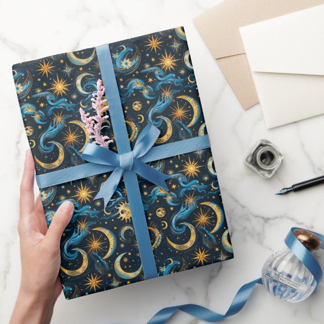 Papier Cadeau Créez votre propre Blue & Gold Sun Moon & Stars (Cadeaux)