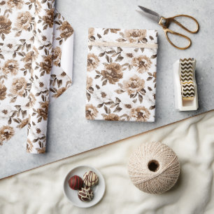Papier Cadeau Crème Brown Fleurs blanches Anniversaire