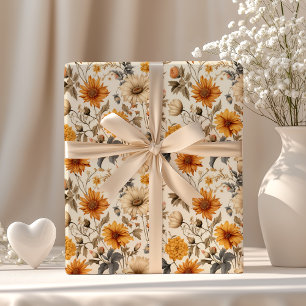 Papier Cadeau Crème de Fleur Sauvage Séchée Vintage Orange Marro