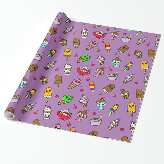 Papier Cadeau Crème de glace de Whimsical et cerises Anniversair (Déroulé)