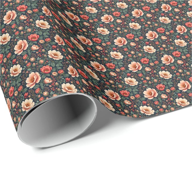 Papier Cadeau Crème et corail Belle florale (Coin rond)
