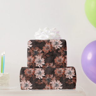 Papier Cadeau Crème, fleurs terracotta sur fond brun foncé 