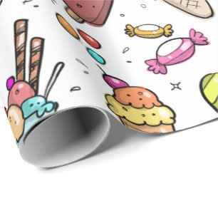 Papier Cadeau Crème glacée, sucrerie et motif colorés de