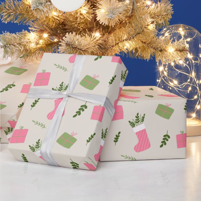Papier Cadeau Crème Motif Pink Green Cadeau de Noël (Vacances)