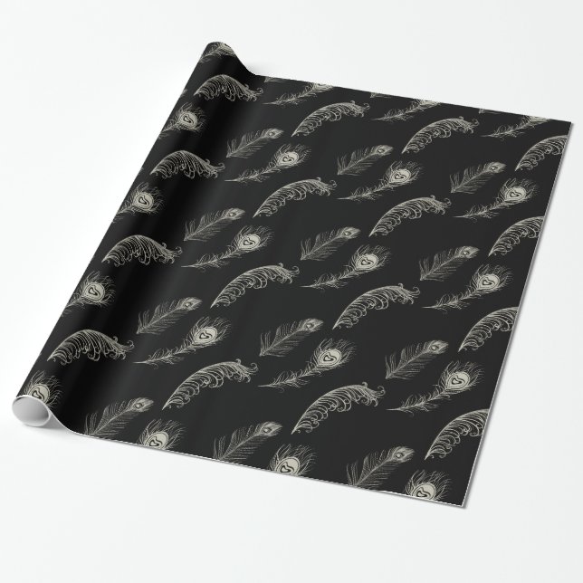 Papier Cadeau Crème noire Peacock Plumes Anniversaire (Déroulé)