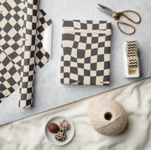 Papier Cadeau crème noire super rétro à damiers ondulée