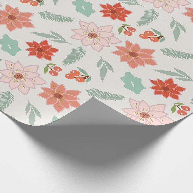 Papier Cadeau Crème Poinsettia Berry Noël blanc (Coin)