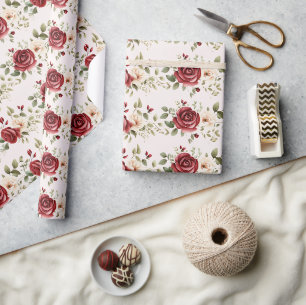 Papier Cadeau Crème rouge Roses Blush rose Mariage Floral