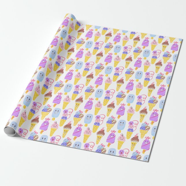 Papier Cadeau Crèmes glacées Kawaii, motif mignon et sans soudur (Déroulé)