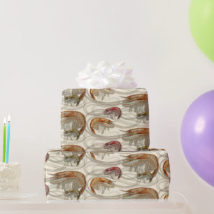 Papier Cadeau Crevettes Motif Crustacés Coquillages Écru