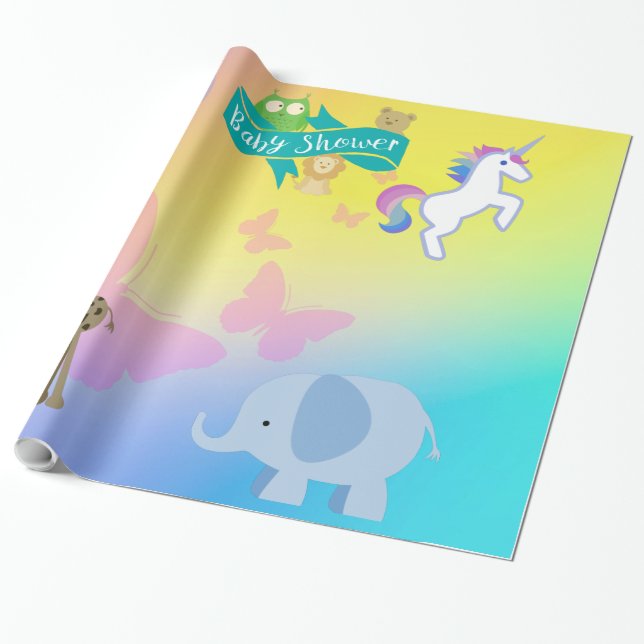 Papier Cadeau Critère et papillons Baby shower Bleu jaune (Déroulé)