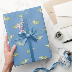Papier Cadeau Crocodiles à l'aquarelle sur fond bleu