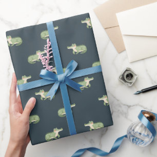 Papier Cadeau Crocodiles à l'aquarelle sur fond gris-bleu foncé