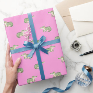 Papier Cadeau Crocodiles à l'aquarelle sur fond rose