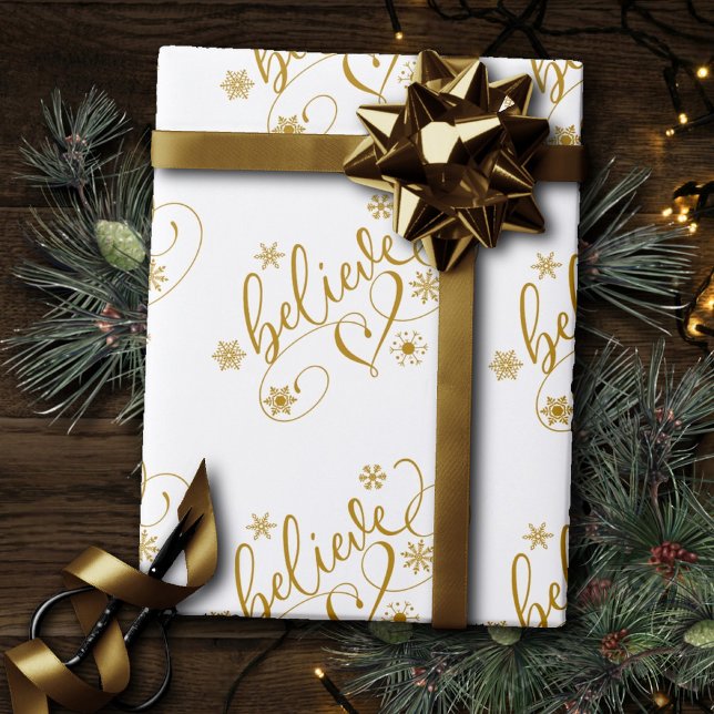 Papier Cadeau Croire le script | Gold Holiday Flore de flocon de (Créateur téléchargé)