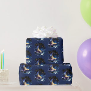 Papier Cadeau Croissant de Lune Étoiles Céleste Bleu Halloween