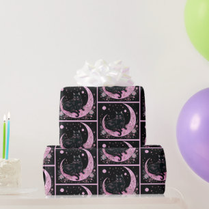 Papier Cadeau Croissant de Lune Fleur Rose Chat Noir Halloween