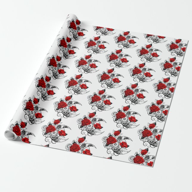 Papier Cadeau Croissant mécanique avec roses rouges (Déroulé)