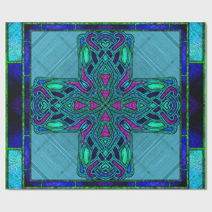 Papier Cadeau Croix celtique en verre coloré bleu et aqua