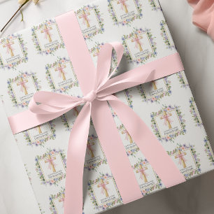 Papier Cadeau Croix de 1ère Sainte Communion florale avec nœud r