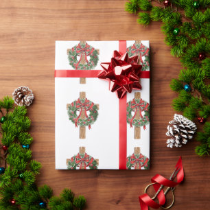 Papier Cadeau Croix de Noël en bois chrétienne avec couronne de