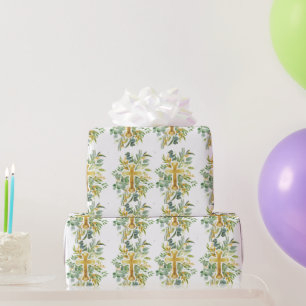 Papier Cadeau Croix d'or Aquarelle florale Baptême 1ère communio