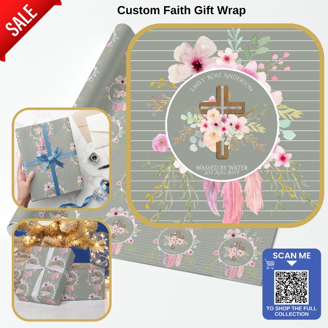 Papier Cadeau Croix Florale rose Filles Baptême Fleur Jolie (Créateur téléchargé)