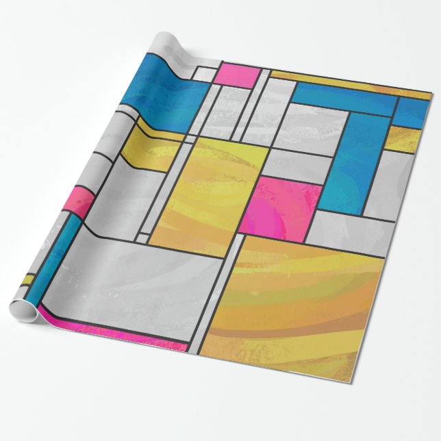 Papier Cadeau Croquis de mise au point rose jaune de Mondrian (Déroulé)