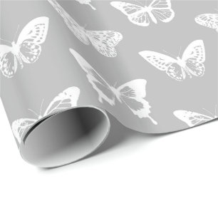 Papier Cadeau Croquis de papillon, gris argenté et blanc