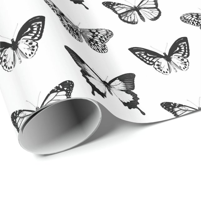 Papier Cadeau Croquis de papillon, noir et blanc (Coin rond)