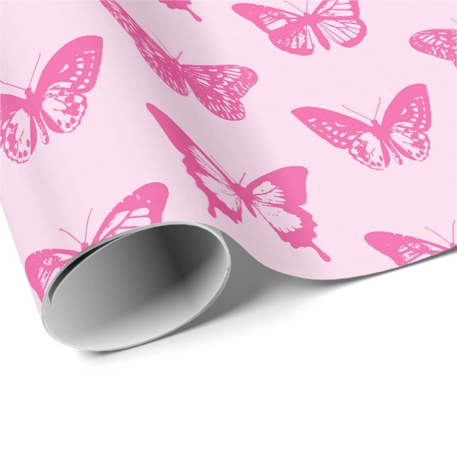 Papier Cadeau Croquis de papillon, rose-clair et fuchsia (Coin rond)
