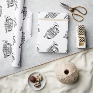 Papier Cadeau Croquis de trompette noir et blanc Instrument de m