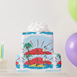 Papier Cadeau croquis d'une île au trésor et d'un bateau de pira