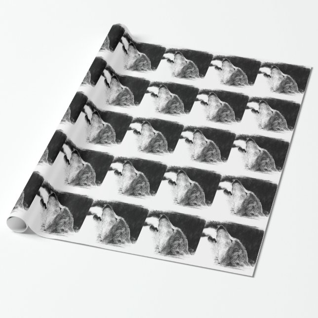 Papier Cadeau Croquis noir et blanc Loup gris (Déroulé)