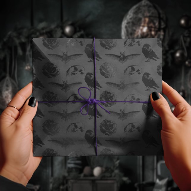 Papier Cadeau Crow et chauve-souris gothiques noirs Crâne Déplai (Créateur téléchargé)