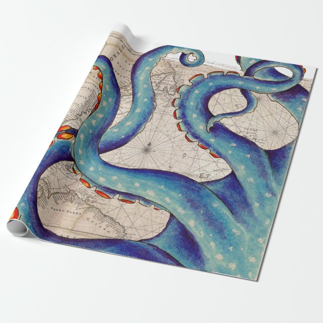 Papier Cadeau Cru bleu-foncé de carte de tentacules (Déroulé)