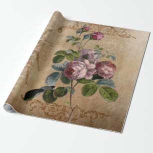 Papier Cadeau Cru. Roses et manuscrit