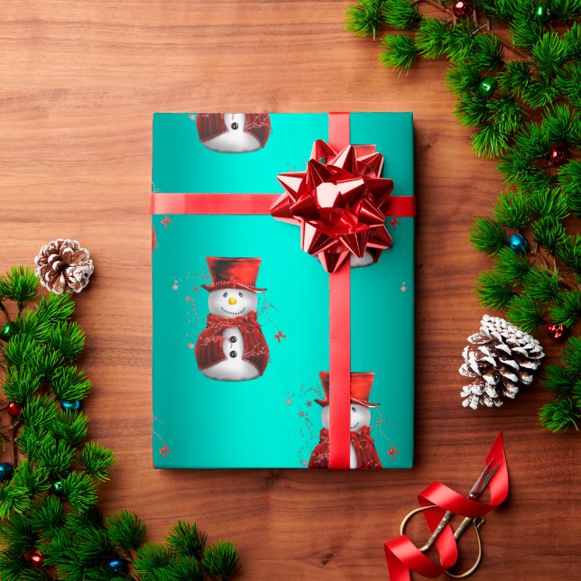 Papier Cadeau Cue Red Snowmen sur Aqua Christmas (Créateur téléchargé)