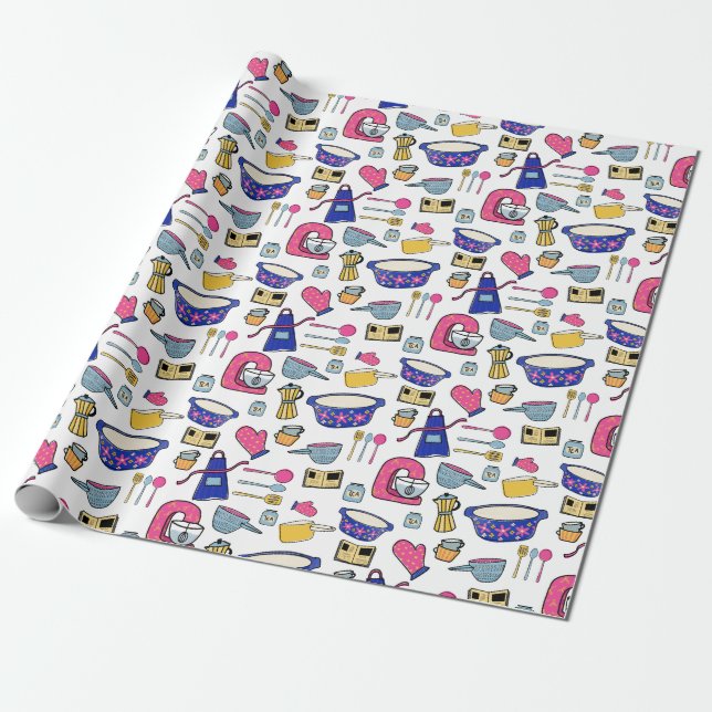 Papier Cadeau Cuisine lumineuse Ustensiles Chef Baker motif (Déroulé)