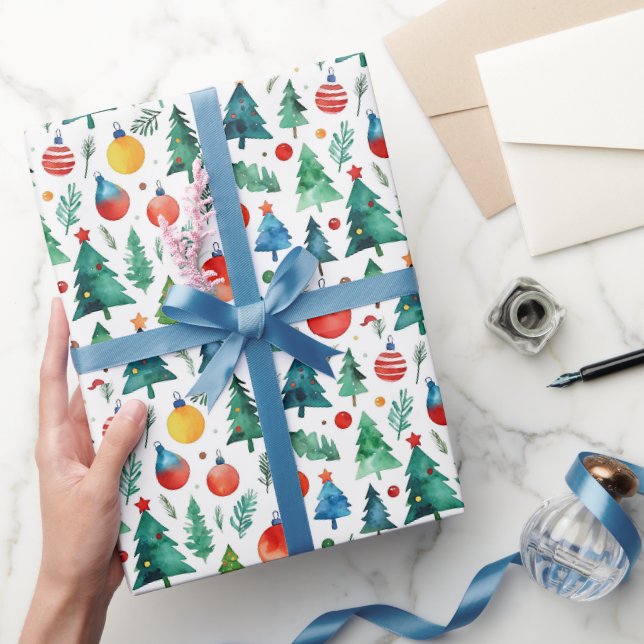 Papier Cadeau Cuisine Rouge Et Vert Arbre De Noël Pin Aquarelle (Cadeaux)