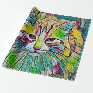 Papier Cadeau Cuisine Tabby Chat Couleur Abstrait Vert Bleu