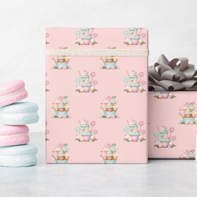 Papier Cadeau Cupcake de Noël rose (Pink Christmas Cupcake Wrapping Paper, Candy Sweets Birthday Gift Wrap, Winter Wonderland)