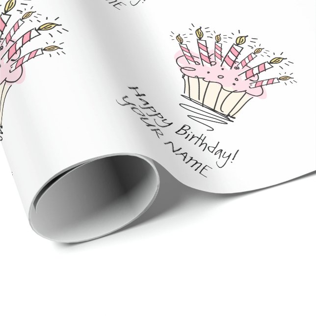 Papier Cadeau cupcake rose personnalisé avec dessin de bougies d (Coin rond)