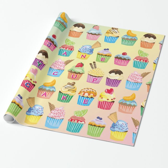 Papier Cadeau Cupcakes Ajoutez Votre Nom Monogramme Cute Muffin  (Déroulé)