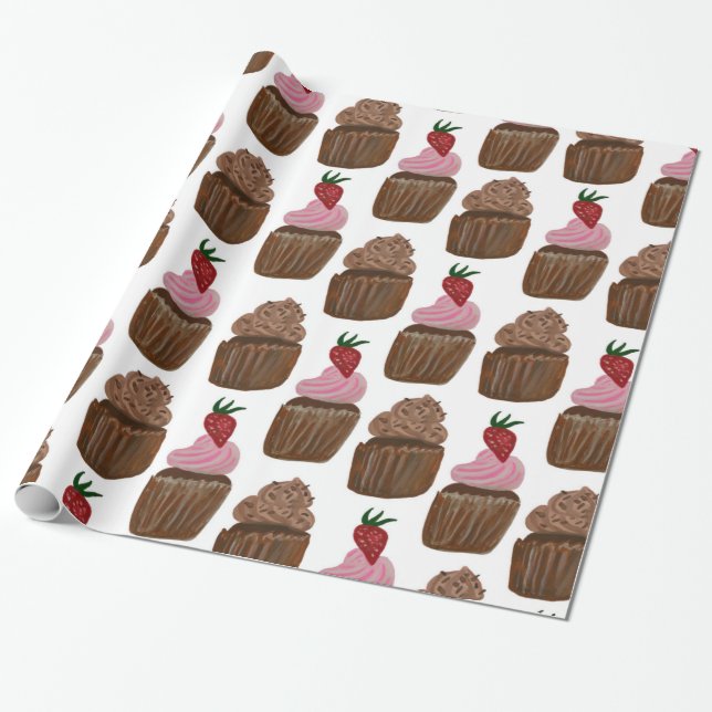 Papier Cadeau Cupcakes au chocolat sur cadeau blanc (Déroulé)