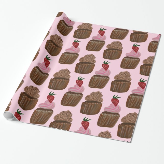 Papier Cadeau Cupcakes au chocolat sur cadeau rose (Déroulé)