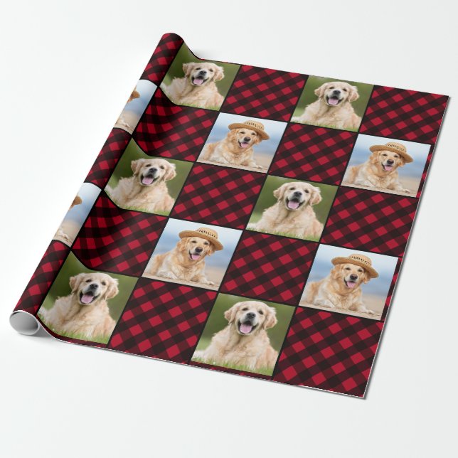 Papier Cadeau Custom 2 Photo Red Buffalo Plaid Christmas Holiday (Déroulé)