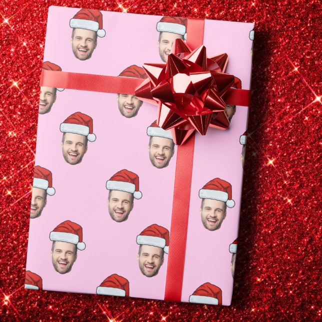 Papier Cadeau Custom Face Photo Santa Hat Christmas Gift Pink (Créateur téléchargé)