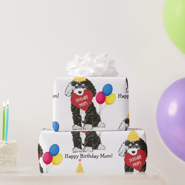 Papier Cadeau Custom Joyeux anniversaire Maman B & W Bernedoodle (Cadeaux de fête)