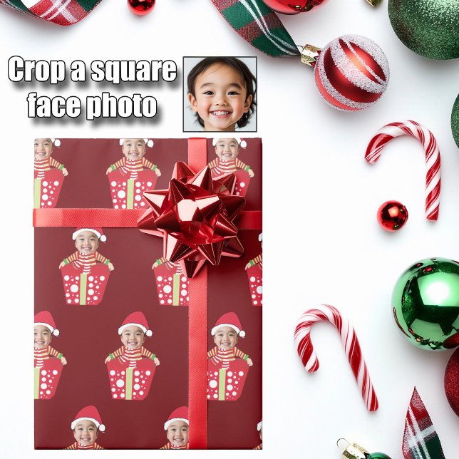Papier Cadeau Customizable Children's Face Photo Red Christmas (Créateur téléchargé)